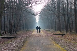 couple marchant en forêt.